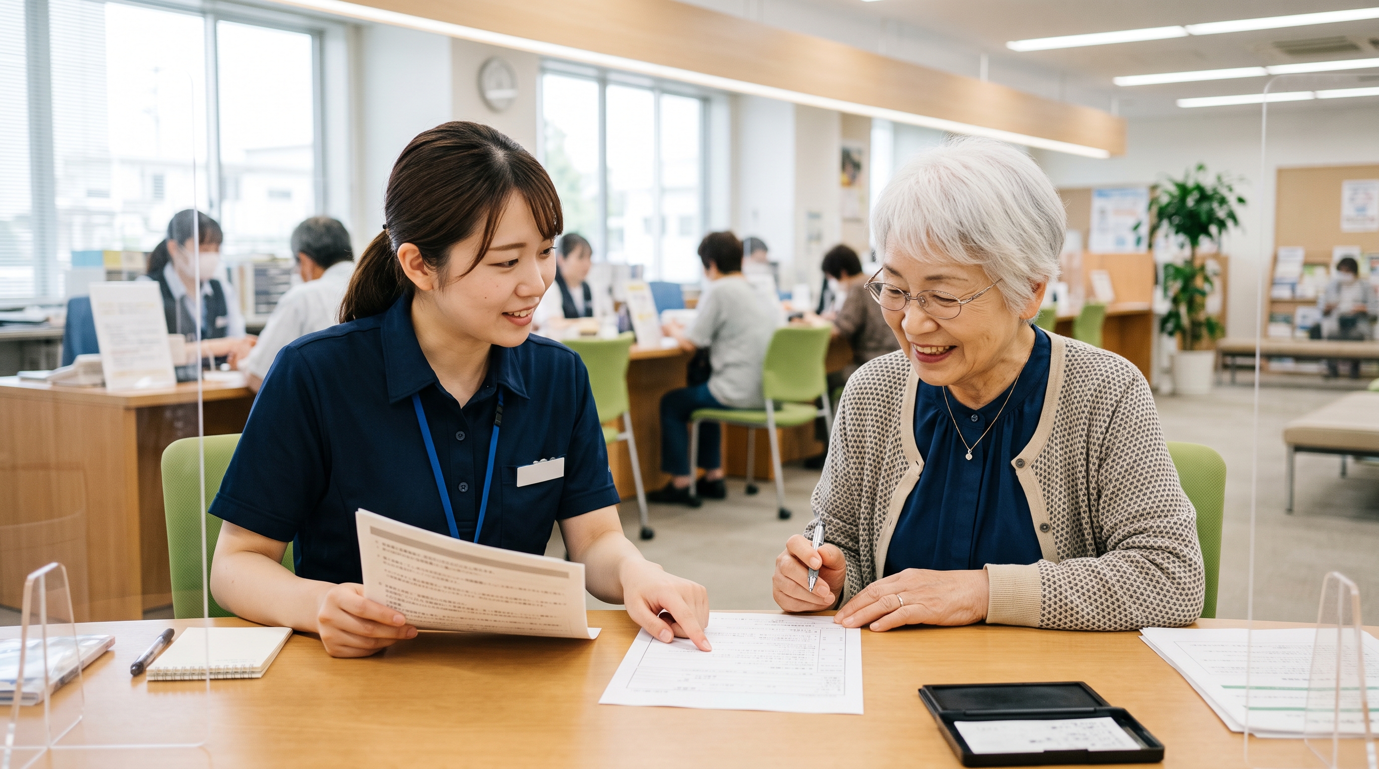 窓口で職員が書類を指さしながら、ご年配の方に手続きを説明するようす